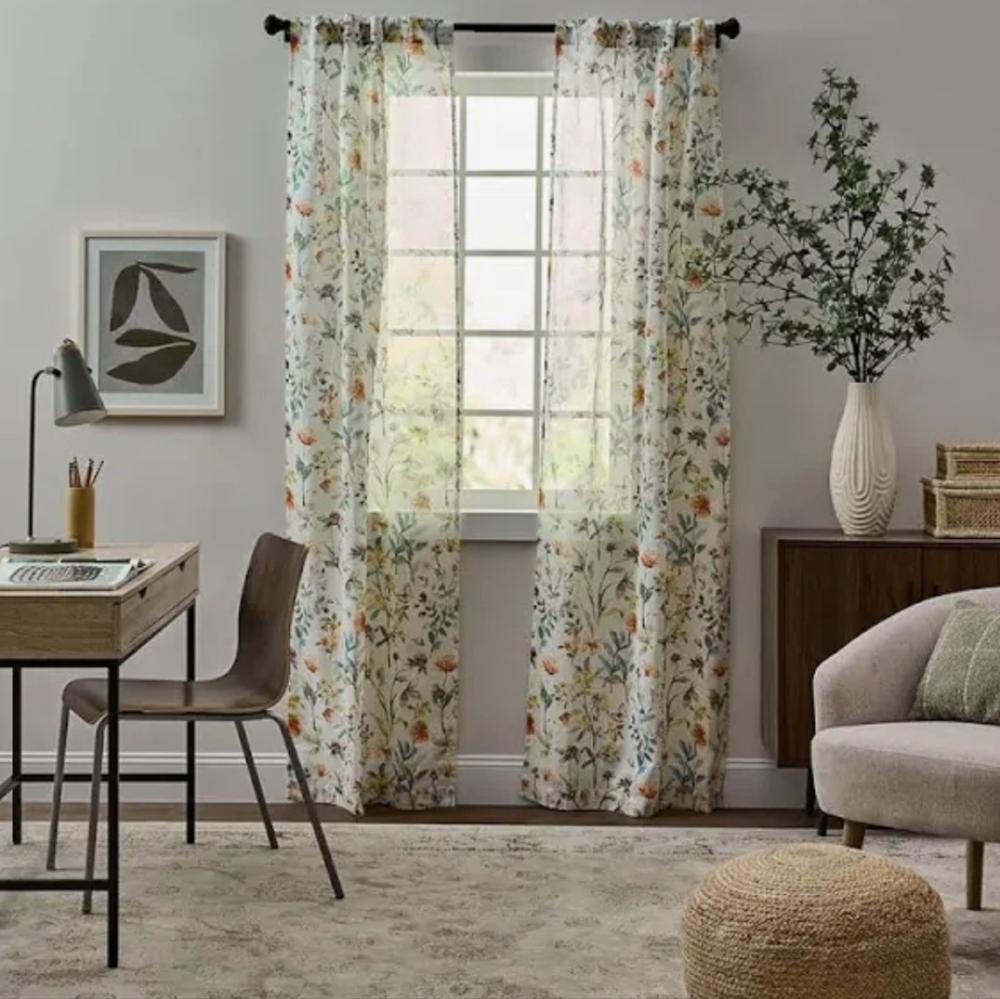 Semi-Sheer Floral Rod Pocket Curtain Panels in Light Green and Cream